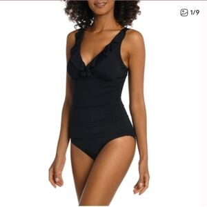 La Blanca Black Ruffled Swimsuit 1 Piece With Tummy Control